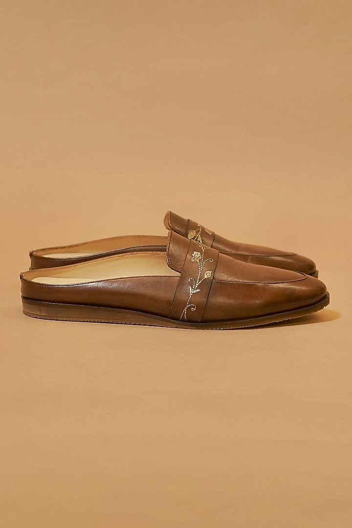 Dark Brown Leather Hand Embroidered Mules by Dmodot at Pernia's Pop Up Shop