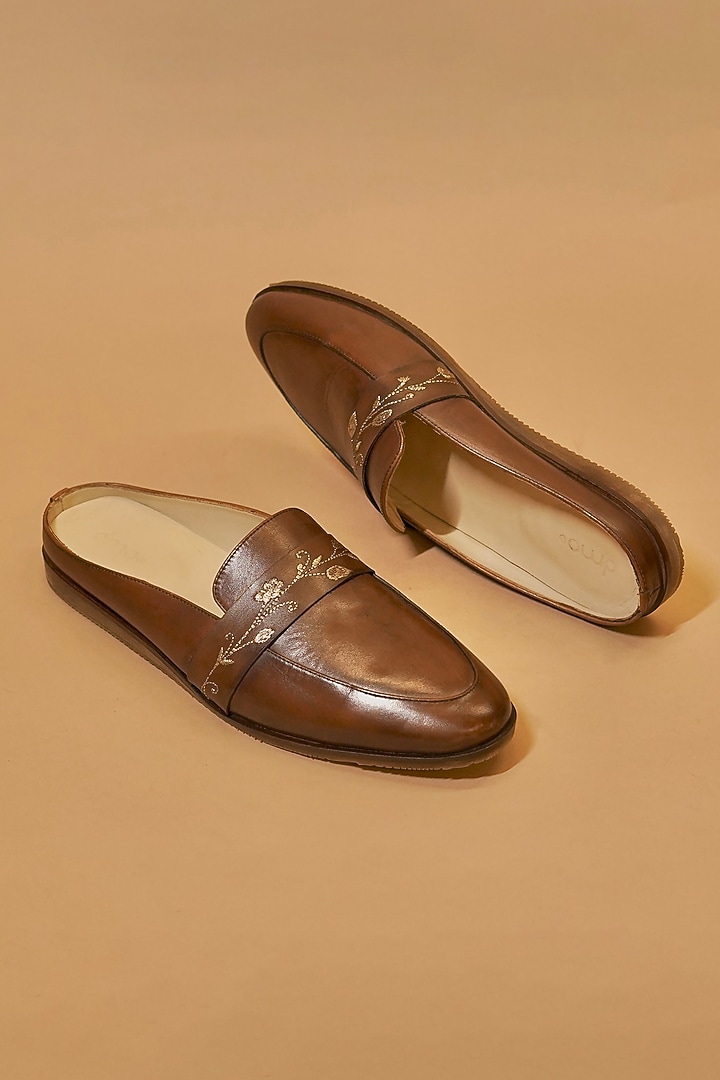 Dark Brown Leather Hand Embroidered Mules by Dmodot at Pernia's Pop Up Shop