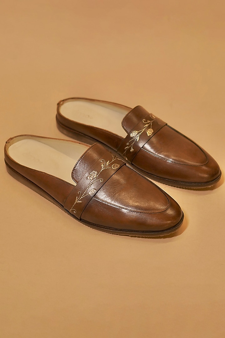Dark Brown Leather Hand Embroidered Mules by Dmodot at Pernia's Pop Up Shop