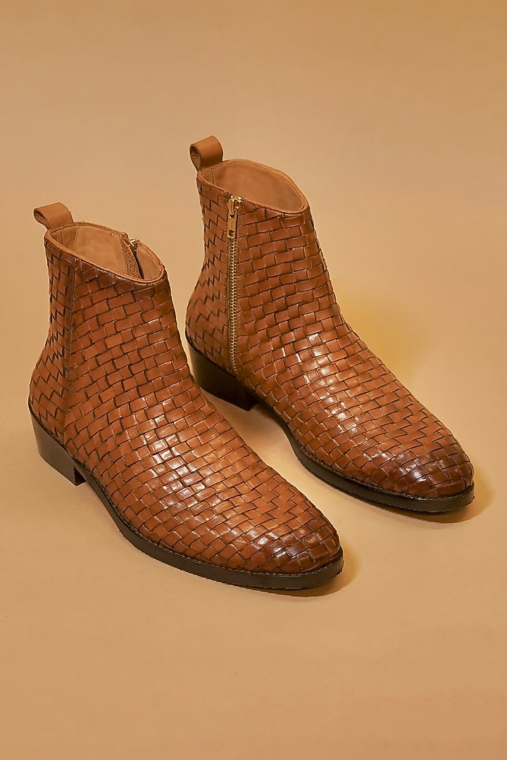 Brown Leather Woven Boots by Dmodot at Pernia's Pop Up Shop