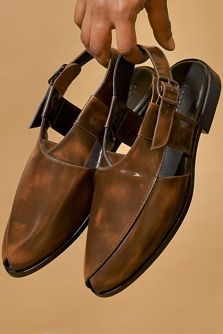 Dark Brown Leather Peshawari by Dmodot at Pernia's Pop Up Shop