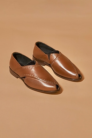 Brown Leather Embellished Peshawari by Dmodot