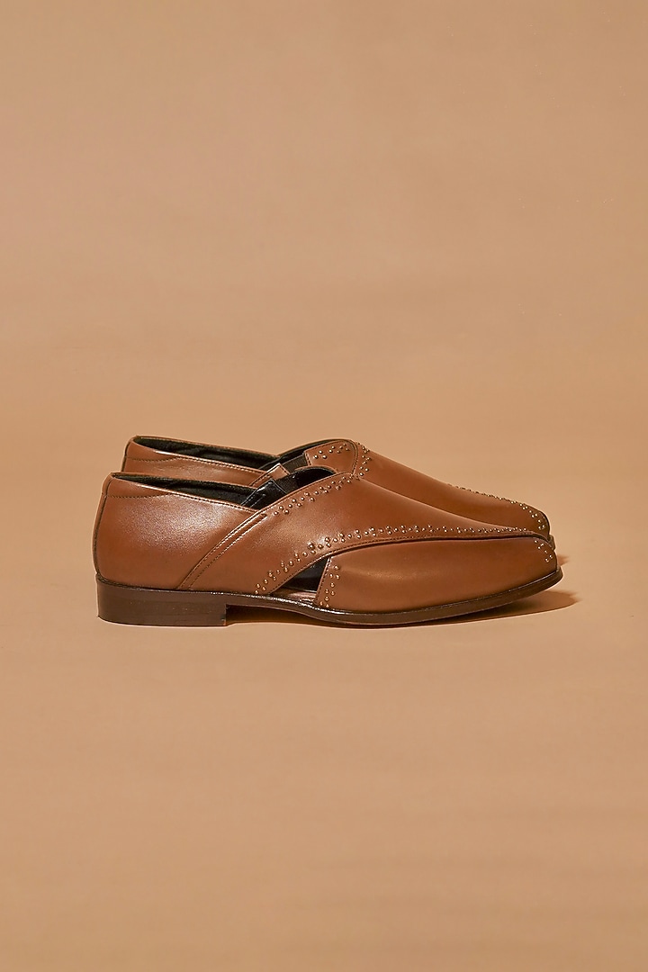 Brown Leather Embellished Peshawari by Dmodot at Pernia's Pop Up Shop