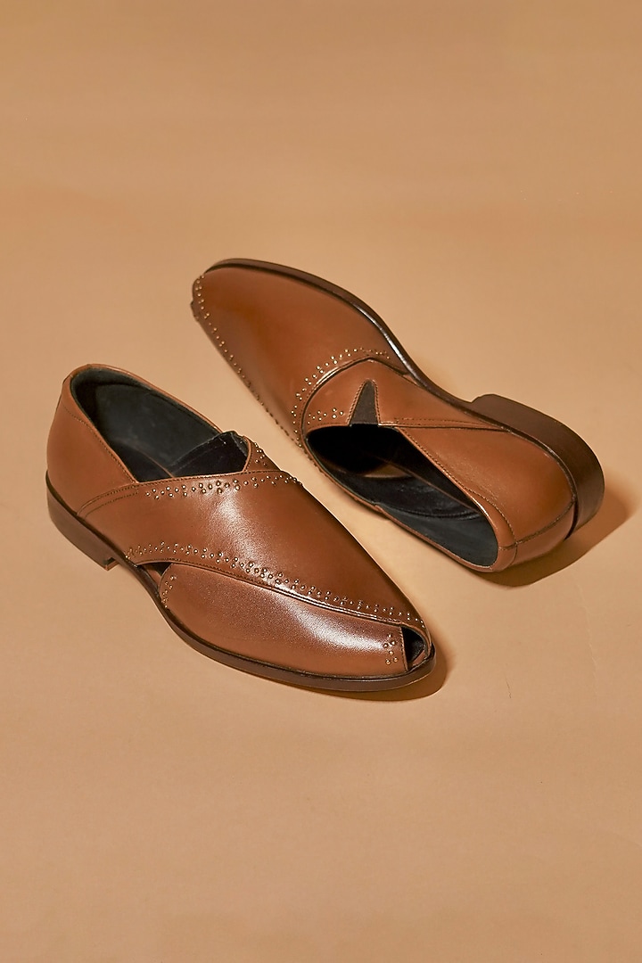 Brown Leather Embellished Peshawari by Dmodot at Pernia's Pop Up Shop