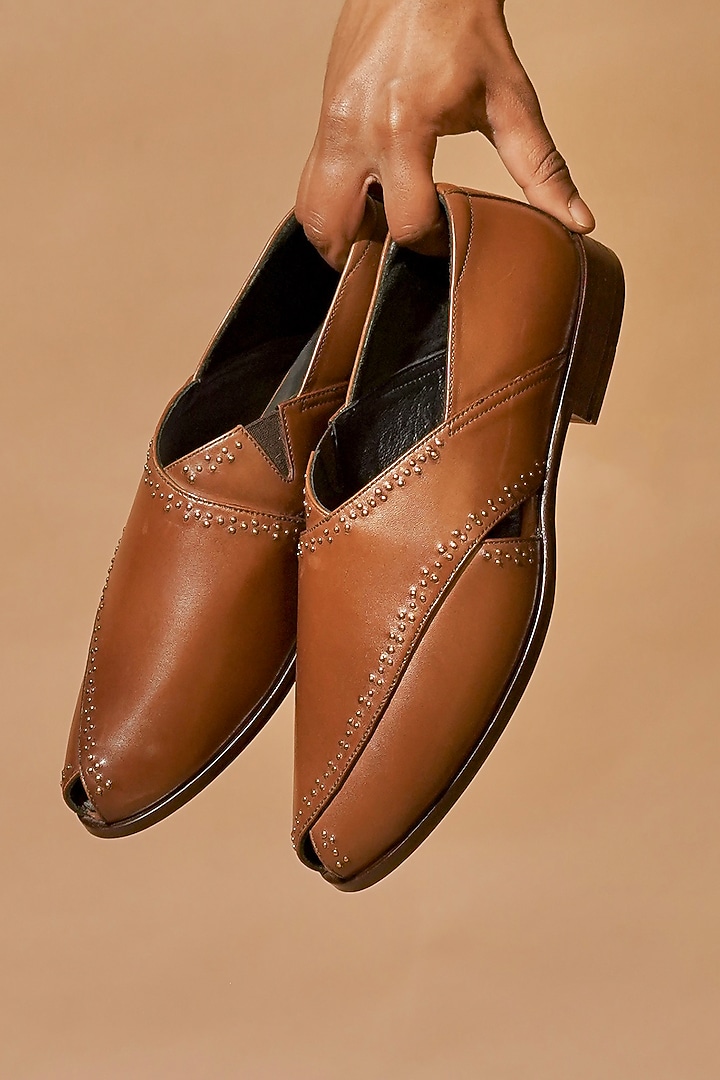 Brown Leather Embellished Peshawari by Dmodot at Pernia's Pop Up Shop