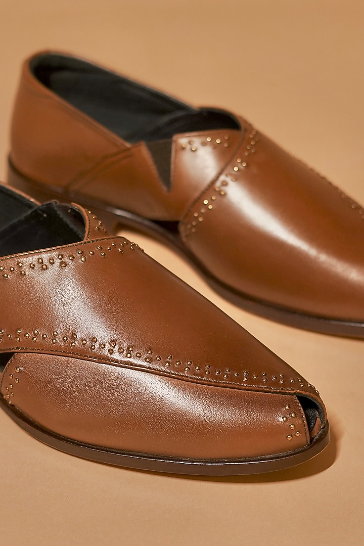 Brown Leather Embellished Peshawari by Dmodot at Pernia's Pop Up Shop