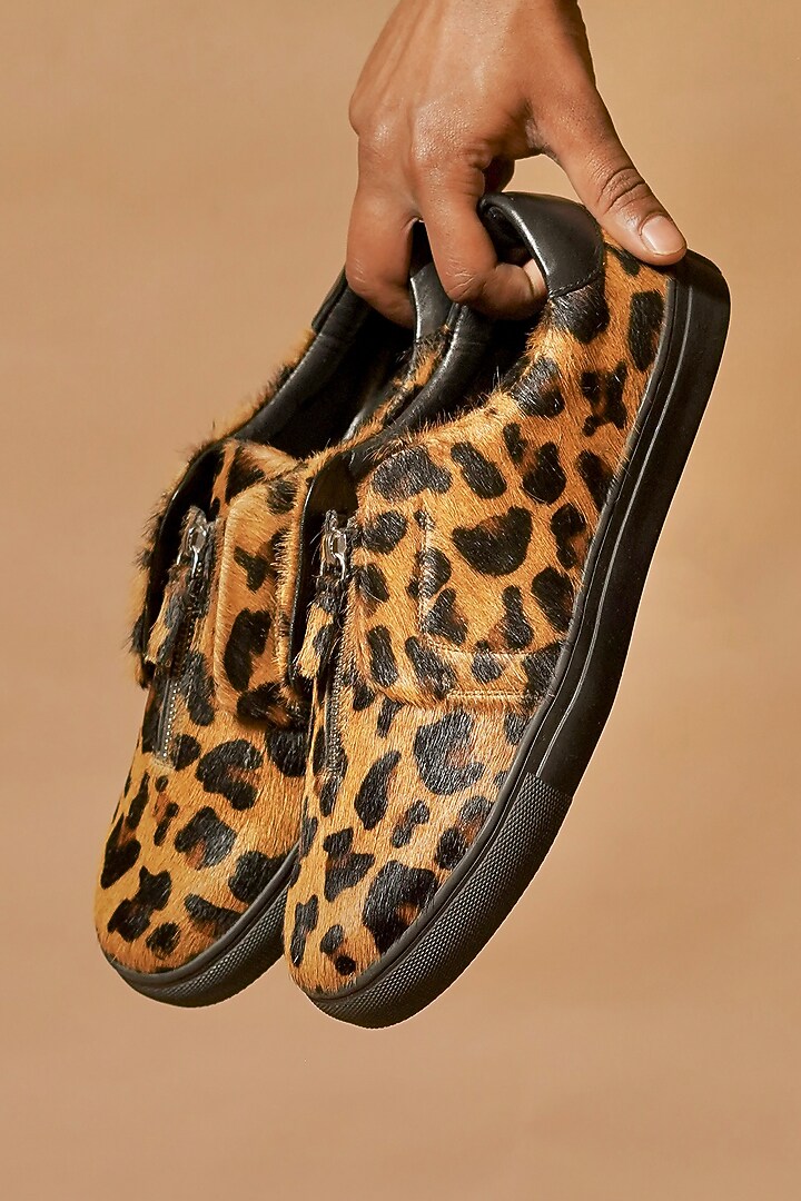 Yellow & Black Leather Printed Sneakers by Dmodot at Pernia's Pop Up Shop