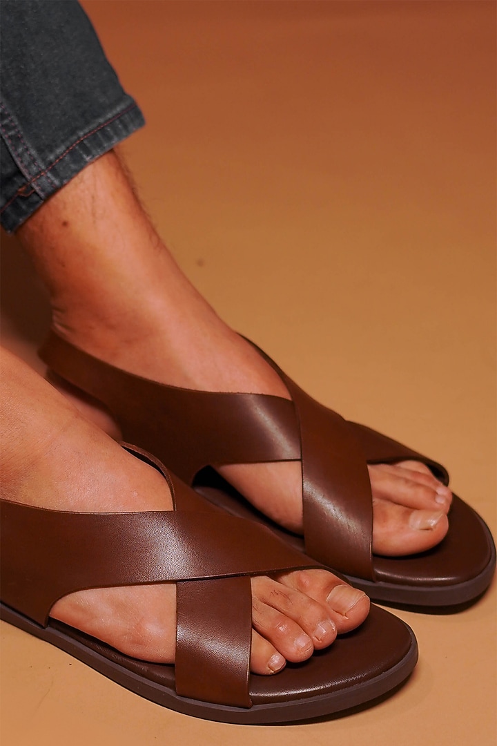 Brown Grain Leather Sandals by Dmodot at Pernia's Pop Up Shop