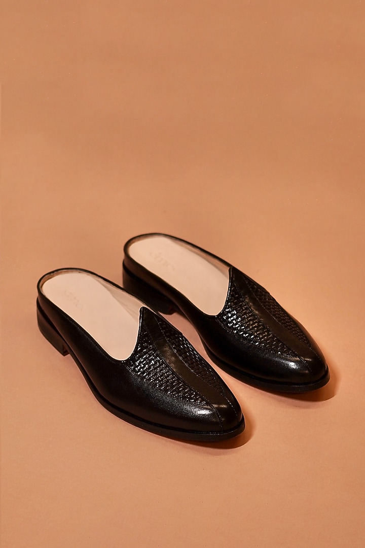 Black Leather Woven Handcrafted Mules by Dmodot at Pernia's Pop Up Shop