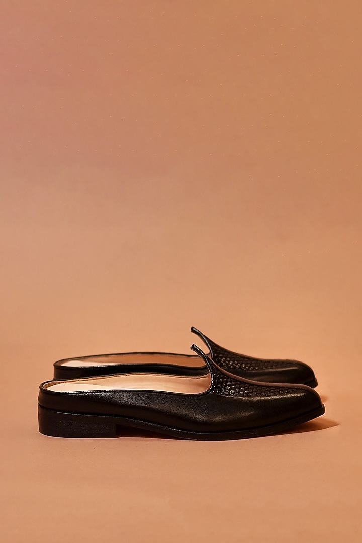 Black Leather Woven Handcrafted Mules by Dmodot at Pernia's Pop Up Shop