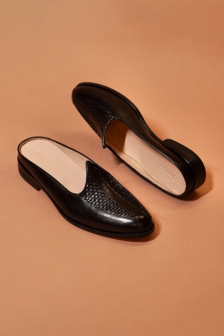 Black Leather Woven Handcrafted Mules by Dmodot at Pernia's Pop Up Shop