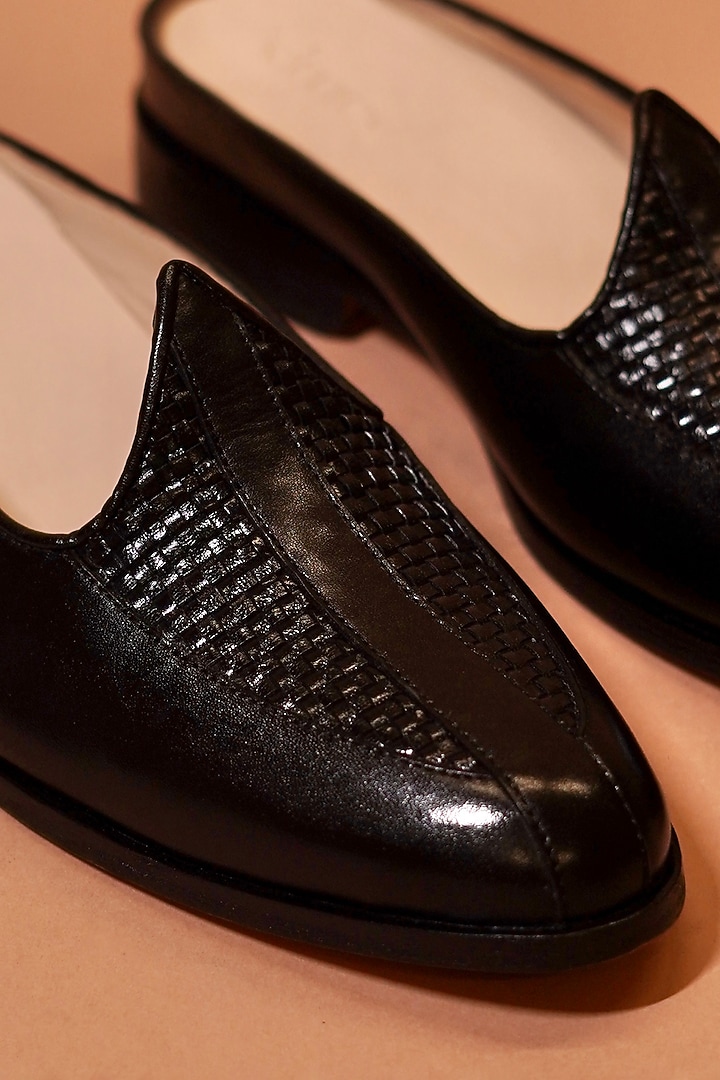 Black Leather Woven Handcrafted Mules by Dmodot at Pernia's Pop Up Shop