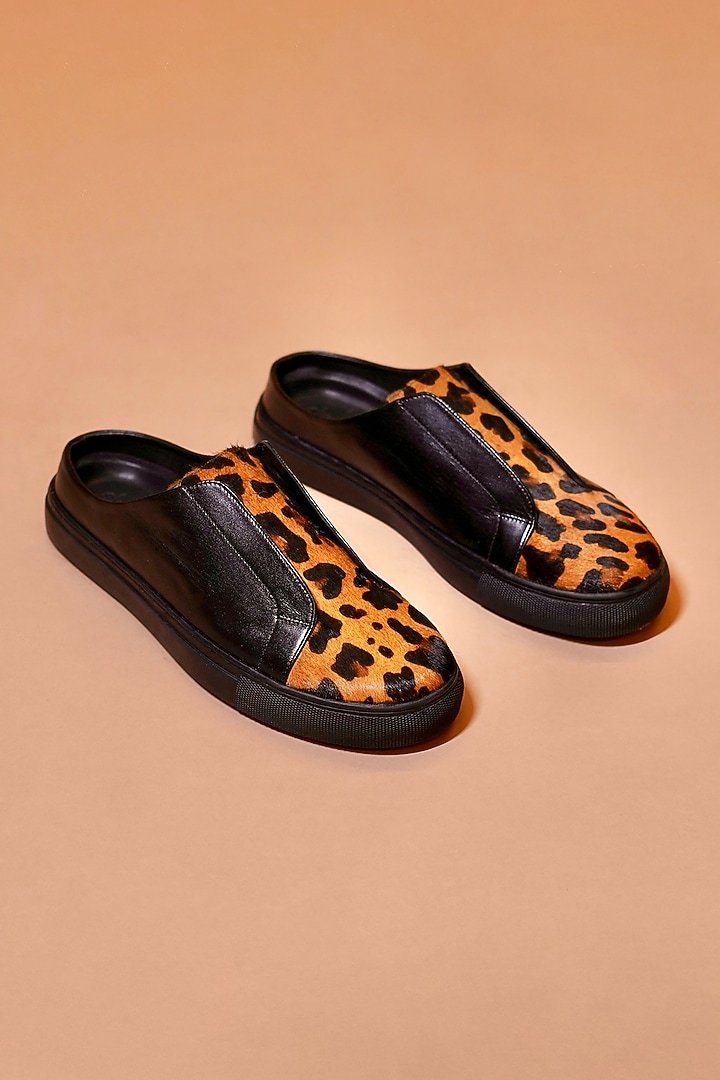 Black Leather Leopard Print Mules by Dmodot at Pernia's Pop Up Shop