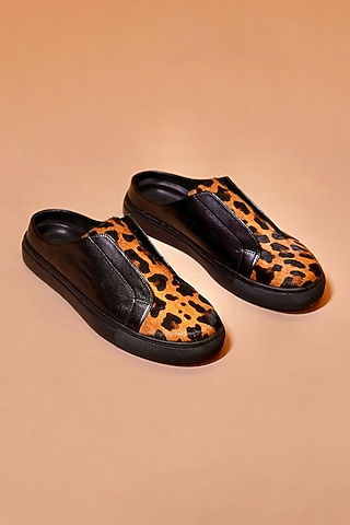 Black Leather Leopard Print Mules by Dmodot