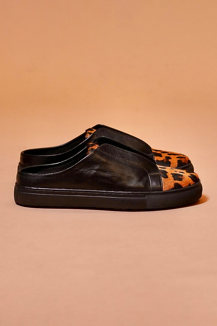 Black Leather Leopard Print Mules by Dmodot at Pernia's Pop Up Shop