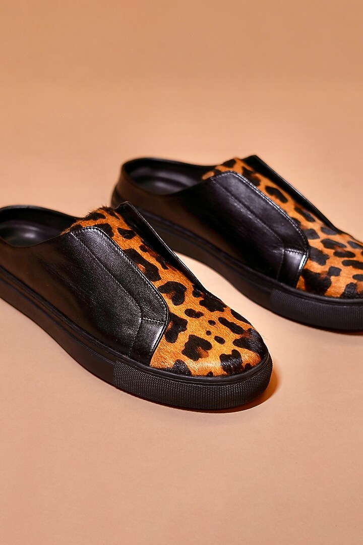 Black Leather Leopard Print Mules by Dmodot at Pernia's Pop Up Shop