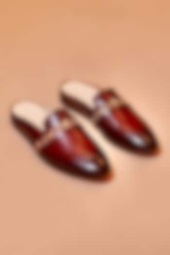 Patina Tan Leather Embroidered Mules by Dmodot at Pernia's Pop Up Shop