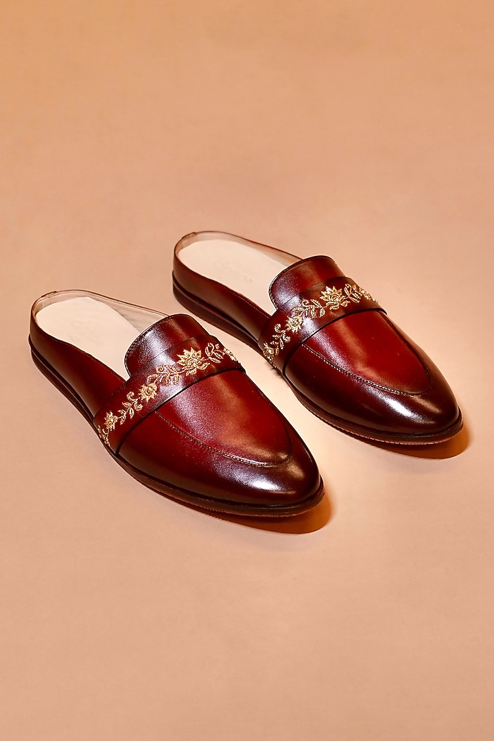 Patina Tan Leather Embroidered Mules by Dmodot at Pernia's Pop Up Shop