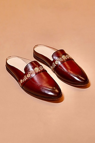 Patina Tan Leather Embroidered Mules by Dmodot