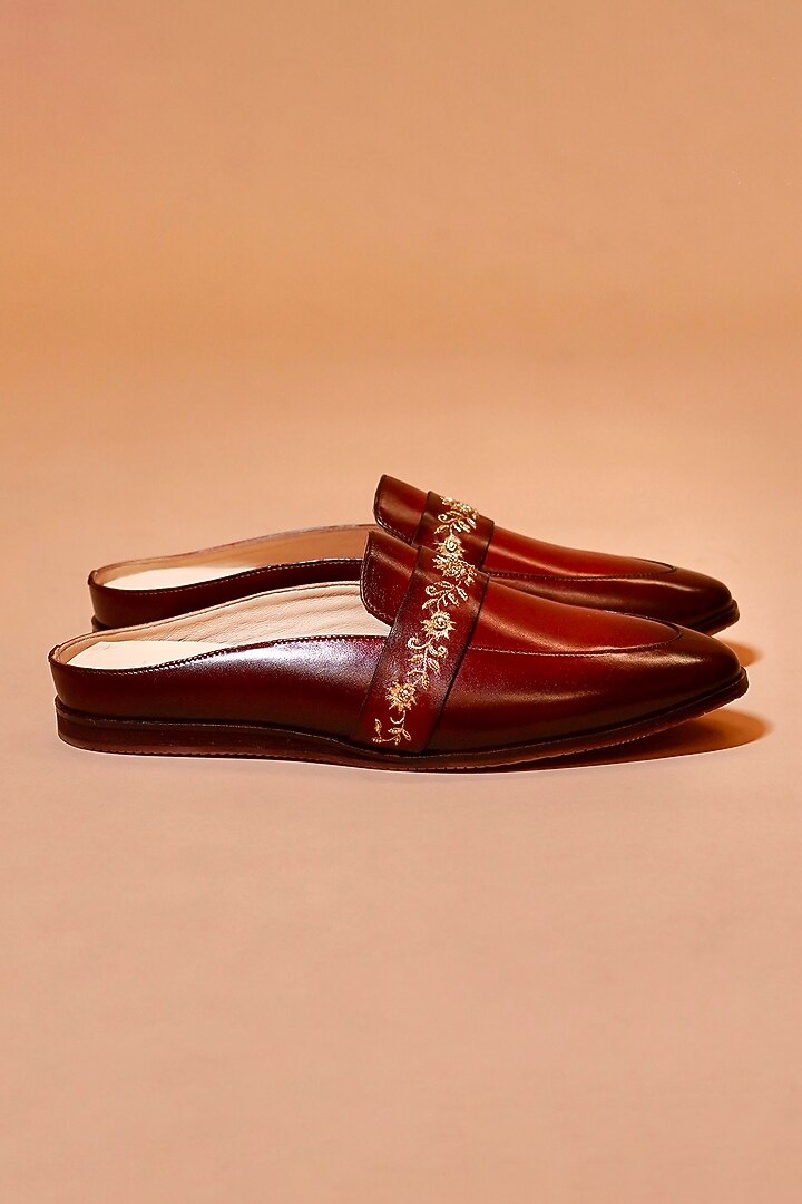 Patina Tan Leather Embroidered Mules by Dmodot at Pernia's Pop Up Shop