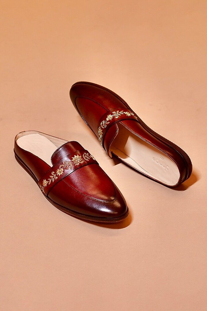 Patina Tan Leather Embroidered Mules by Dmodot at Pernia's Pop Up Shop