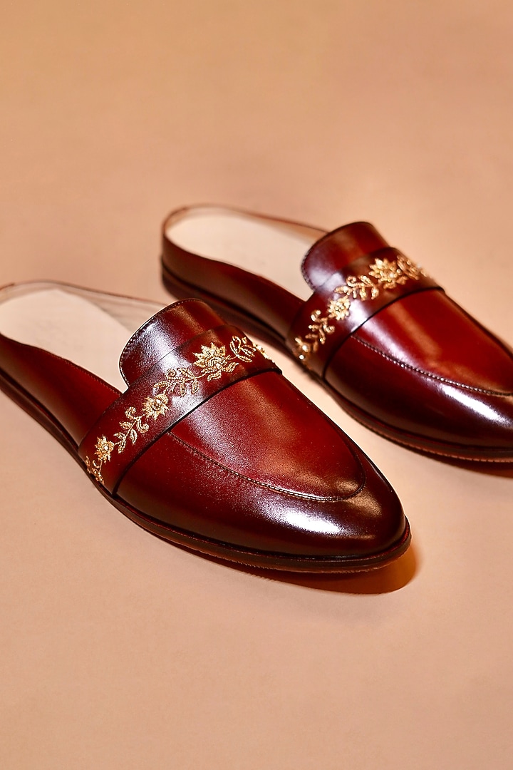 Patina Tan Leather Embroidered Mules by Dmodot at Pernia's Pop Up Shop