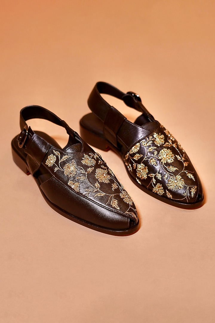 Brown Leather Embroidered Peshawaris by Dmodot at Pernia's Pop Up Shop