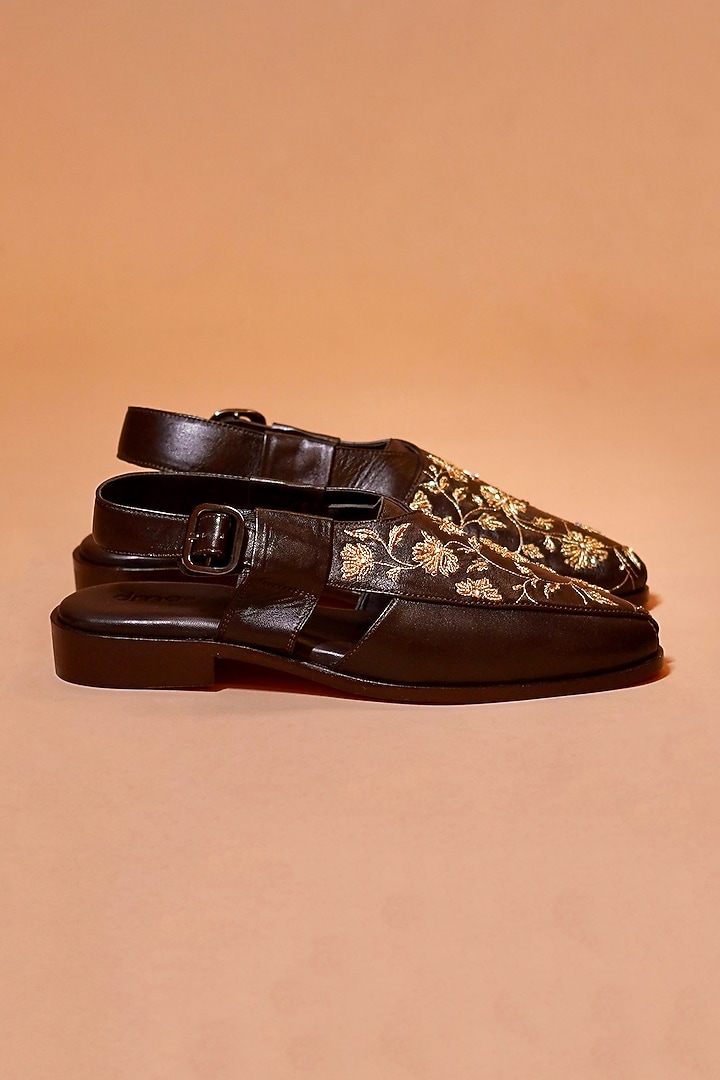 Brown Leather Embroidered Peshawaris by Dmodot at Pernia's Pop Up Shop