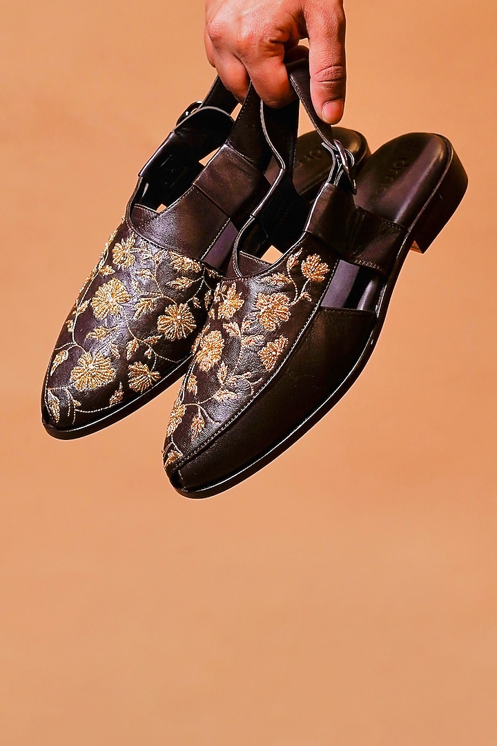 Brown Leather Embroidered Peshawaris by Dmodot at Pernia's Pop Up Shop