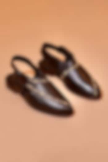 Dark Brown Leather Embroidered Peshawaris by Dmodot at Pernia's Pop Up Shop