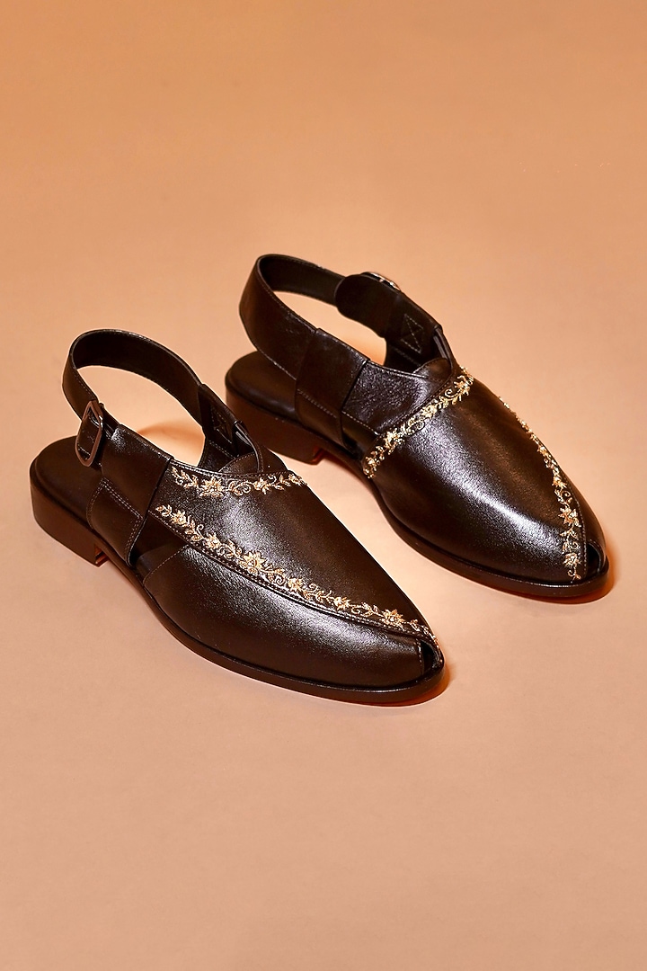 Dark Brown Leather Embroidered Peshawaris by Dmodot at Pernia's Pop Up Shop