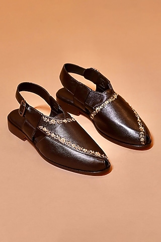 Dark Brown Leather Embroidered Peshawaris by Dmodot
