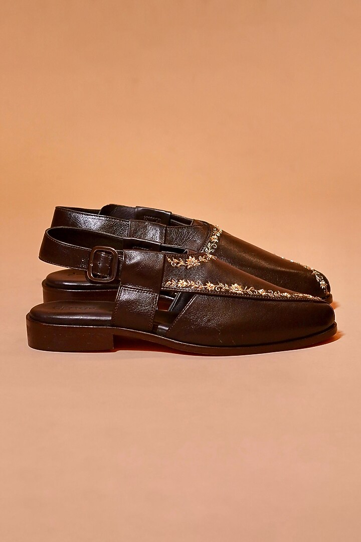 Dark Brown Leather Embroidered Peshawaris by Dmodot at Pernia's Pop Up Shop