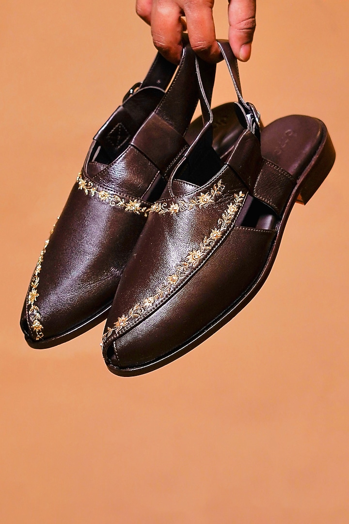 Dark Brown Leather Embroidered Peshawaris by Dmodot at Pernia's Pop Up Shop