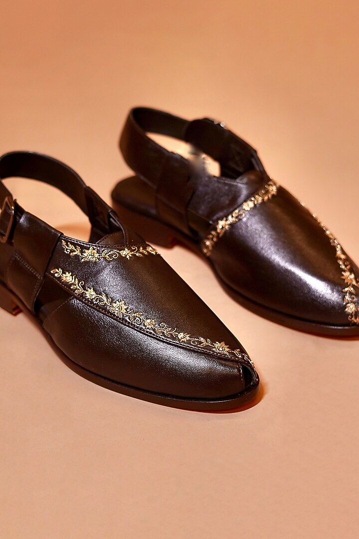 Dark Brown Leather Embroidered Peshawaris by Dmodot at Pernia's Pop Up Shop