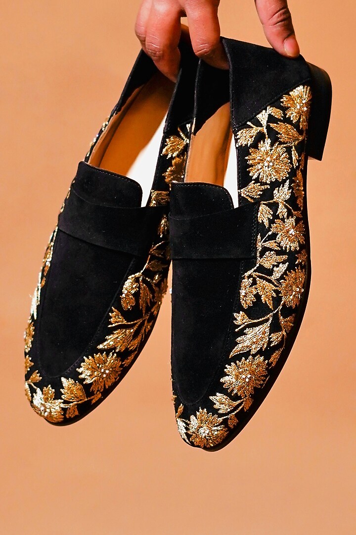 Black Leather Embroidered Loafers by Dmodot at Pernia's Pop Up Shop