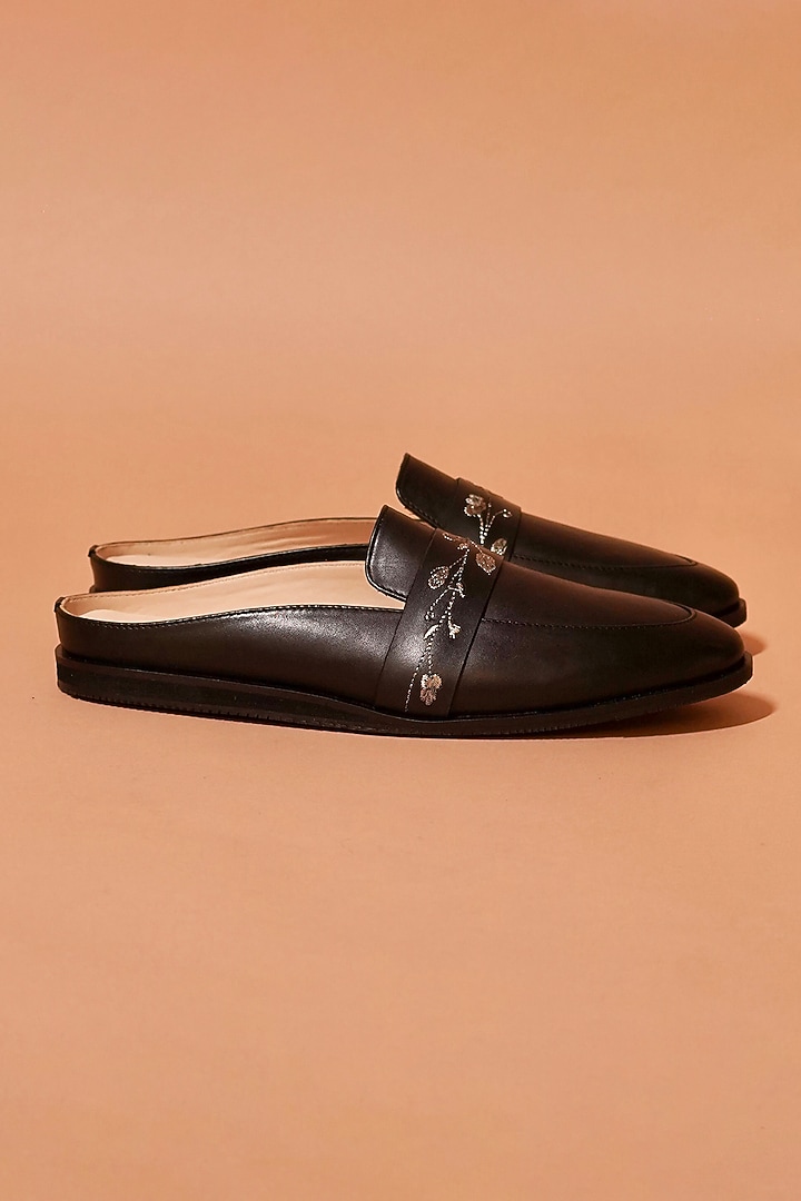 Black Leather Hand Embroidered Mules by Dmodot at Pernia's Pop Up Shop