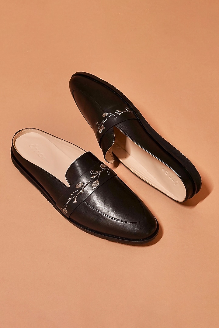 Black Leather Hand Embroidered Mules by Dmodot at Pernia's Pop Up Shop