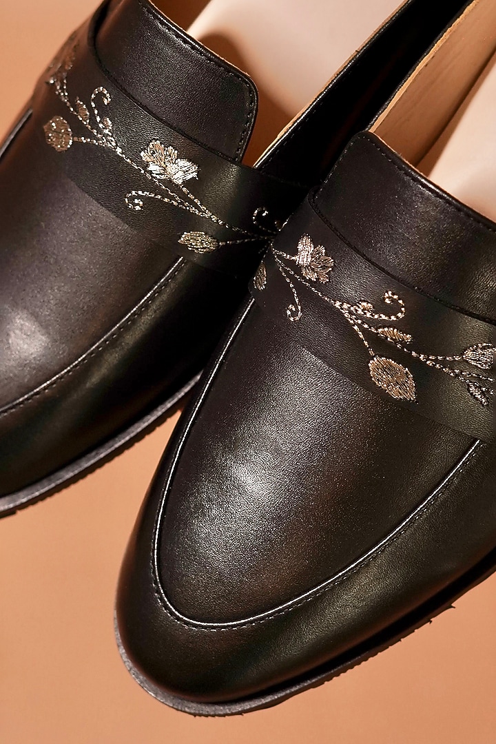 Black Leather Hand Embroidered Mules by Dmodot at Pernia's Pop Up Shop