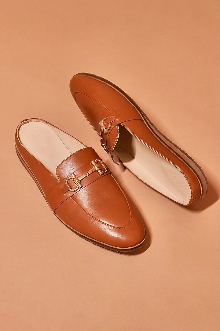 Tan Leather Mules by Dmodot at Pernia's Pop Up Shop