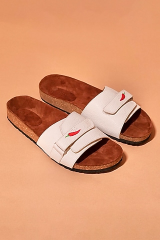 White & Brown Leather Embroidered Slip-Ons by Dmodot
