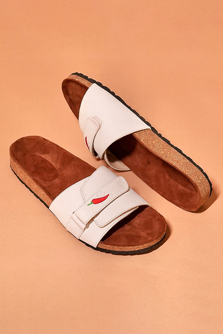 White & Brown Leather Embroidered Slip-Ons by Dmodot at Pernia's Pop Up Shop