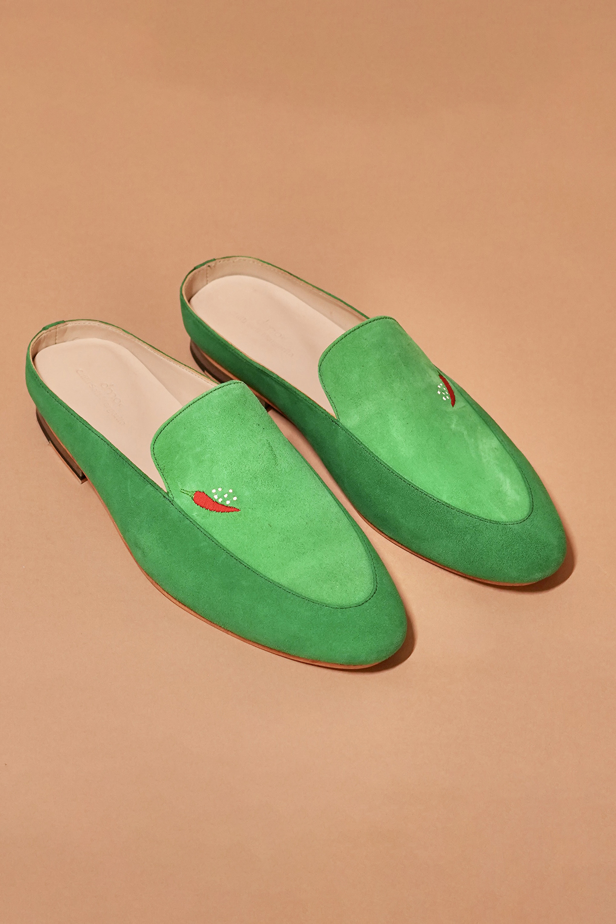 Green Suede Embroidered Mules by Dmodot
