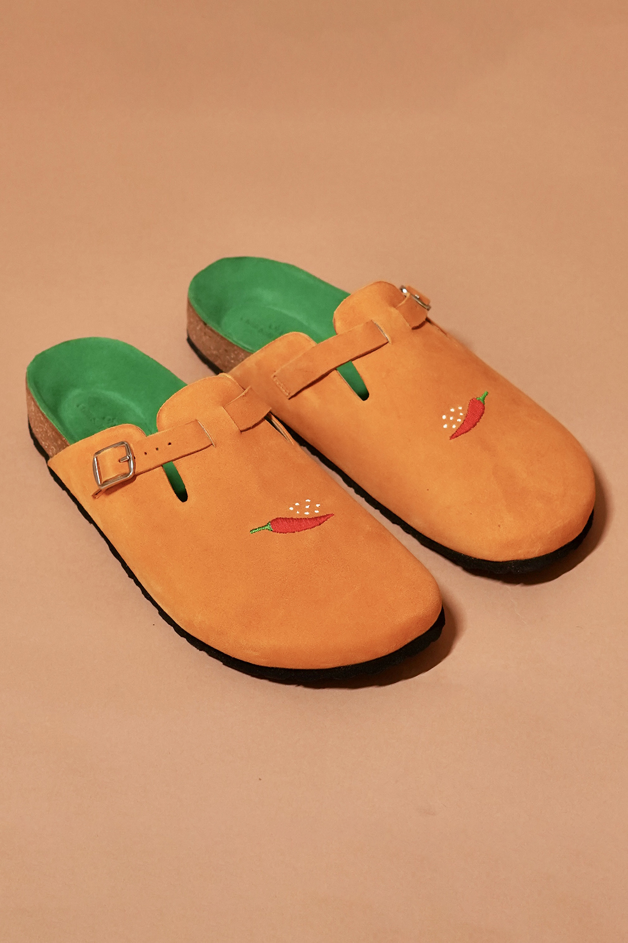 Tangerine Suede Embroidered Mules by Dmodot