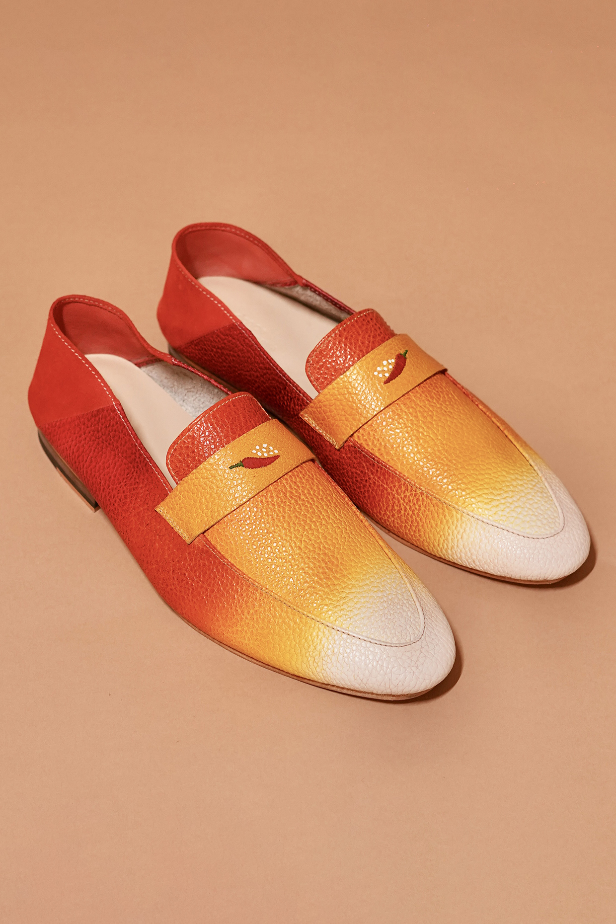 Red & Yellow Ombre Leather Embroidered Loafers by Dmodot