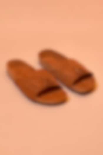 Tan Textured Milled Leather Chappals by Dmodot at Pernia's Pop Up Shop