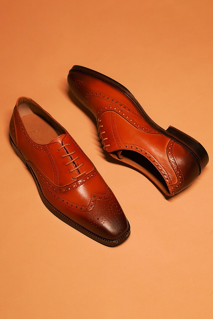 Tan Leather Brogue Oxford Shoes by Dmodot at Pernia's Pop Up Shop