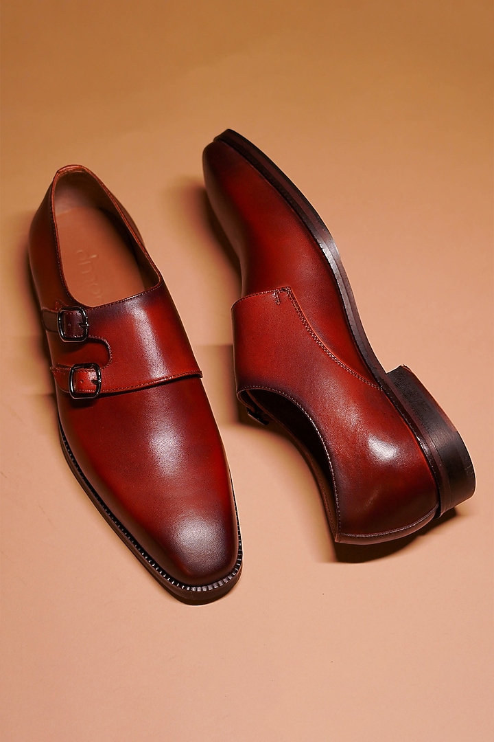 Dark Tan Full Grain Leather Double Monk Strap Shoes by Dmodot at Pernia's Pop Up Shop