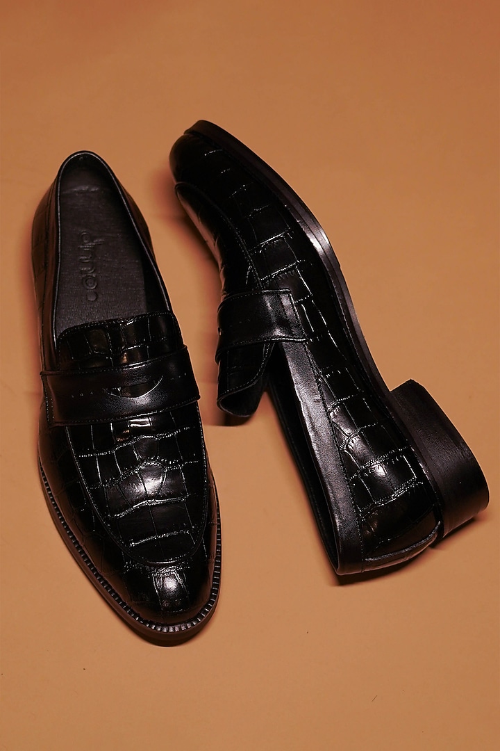 Black Leather Printed Loafers by Dmodot at Pernia's Pop Up Shop