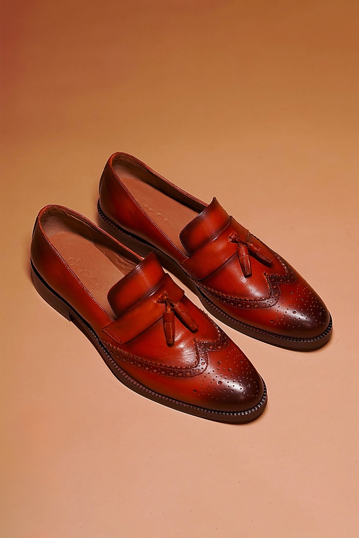 Tan Full Grain Leather Brogue Loafers by Dmodot